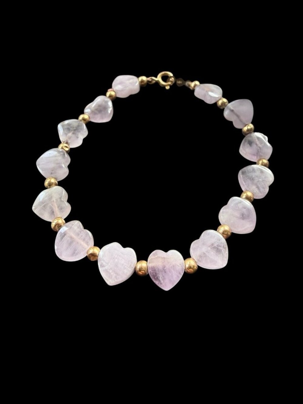 14k Rose Quartz Heart Bead Bracelet 6.25” Long Yellow Gold